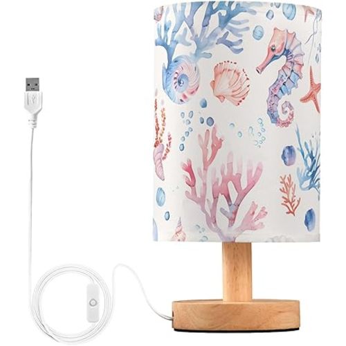 ALAZA Jellyfish Seahorse Coral Seashells Lamp for Girls Boys Bedroom Bedside Table Lamp with USB Port LED Kids Nightstand Lamp Wood Base Desk Living Room Decor