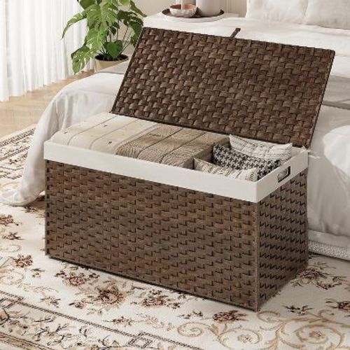 ACOINEL 52.8 Gallon (200L) Storage Basket with Lid, Handwoven Wicker Blanket Basket with Handles, Foldable Laundry Basket