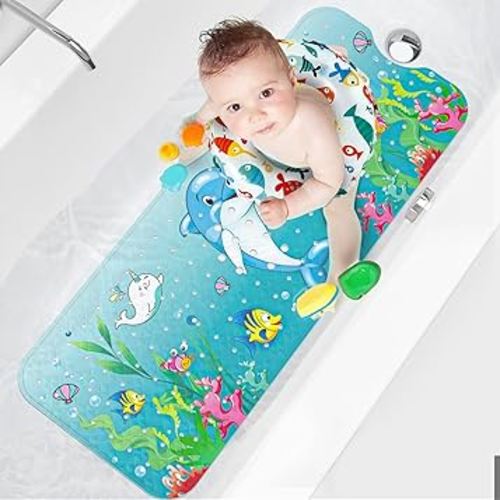 XIYUNTE Baby Bath Mat for Tub for Kids, 40 X 16 Inch Extra Long Kids Bathtub Mat Non Slip, Cartoon Patterned Bath Tub Shower Mat Anti Slip with Suction Cups & Drain Holes, Machine Washable, Dolphin