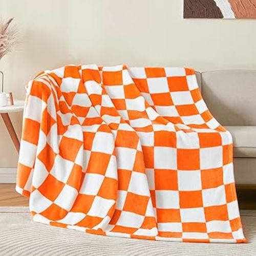 BEDELITE Checkered Throw Blanket for Couch and Bed, Luxurious Fleece Blanket with Checkerboard Grid Home Decor, Soft Cozy Orange and White Warm Blankets for Spring, 50"x60"