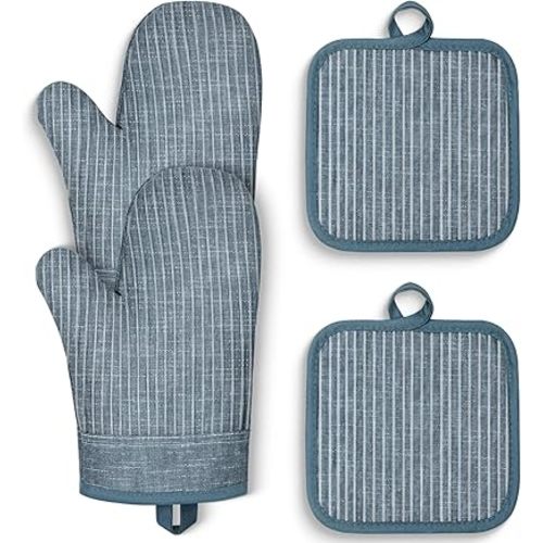 Oven Mitts and Pot Holders, Silicone Oven Gloves, 500 F Heat Resistant Oven Mitts Sets, Non-Slip Silicone Textured Grip, Blue