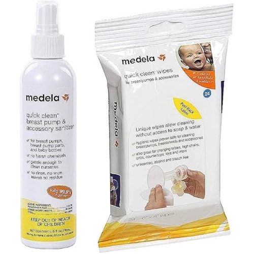 Medela Quick Clean Breast Pump Kit: Quick Clean Spray, Accessory Wipes - Bundle (Breast Pump Cleaning Supplies, medela Quick Clean Wipes)