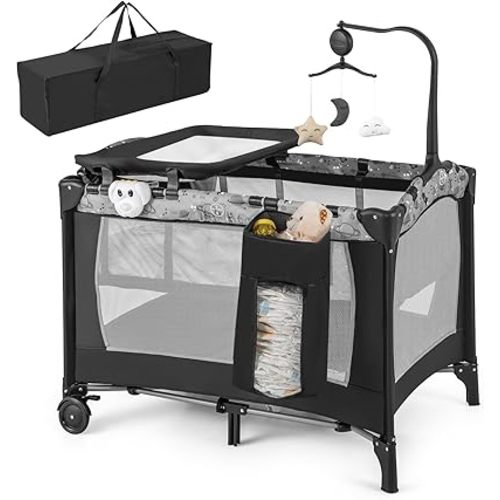 HONEY JOY Pack and Play, 4 in 1 Portable Baby Playard with Bassinet, Changing Table, Lockable Wheels, Music Box, Foldable Travel Baby Crib Nursery Center from Newborn to Toddler (Dark)