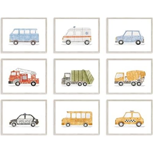 Aroutde 9Pcs Transport Nursery Room Decor Set of 9 Construction Bedroom Room Decor Toddler Boy Transport Vehicle Canvas Wall Art Playroom Decor for Kid Boys Room Decoration 8x10inch (Unframed)