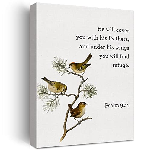 LEXSIVO Bible Verse Print Canvas Wall Art Home Decor Bird Psalm 91:4 Scripture Painting 12x15 Canvas Poster Framed Ready to Hang Christian Gift
