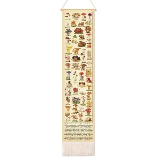 Feifeiya Vintage Mushroom Vertical Tapestry Wall Hanging Long Narrow Wall Art Fabric Mushroom Art Hanging Reference Illustrative Botanical Tassel Tapestry for Plant Lovers