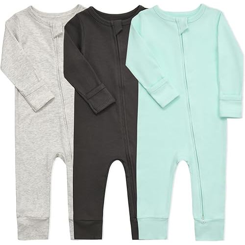 Aablexema Baby Cotton Fooltess Pajamas with Mitten, 3-pack Infant Romper Zip Up One Piece Jumpsuits Outfit