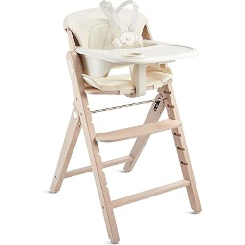 MAMAZING GrowPod Pro Wooden High Chair, Adjustable Grow-with-Me Baby High Chair with Dual Tray, Easy-Clean Surface, Compact Foldable Design, Included Detachable Guard & PU Cushion (Washed Natural)