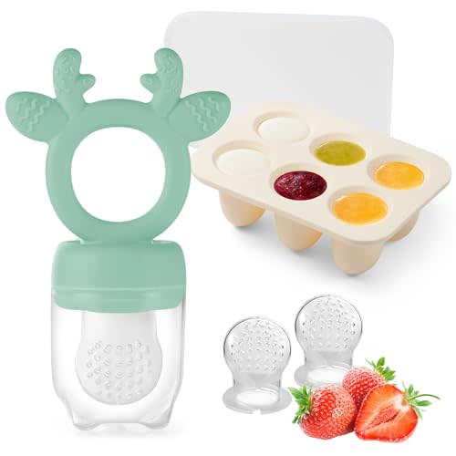 Powerwan Baby Fruit Food Feeder with Popsicle Mold, Cute Teething Toys Silicone Teethers for Babies 3-12 Months for Baby Feeding Gift