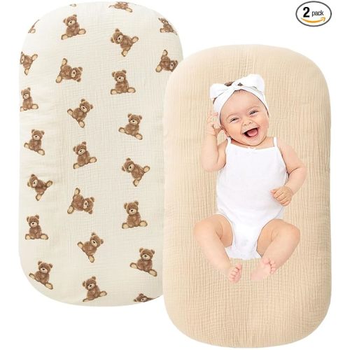 Organic Cotton Muslin Baby Lounger Covers, 2 Pack, Soft Removable Slipcovers for Newborn Infant Lounger, for Girls Boys, Coffee Checkered (Teddey Bears & Kakhi)