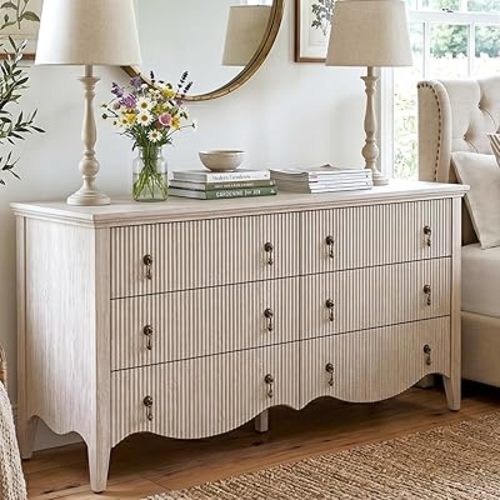 6 Drawer Dresser for Bedroom, Wide Double Dresser with Fluted Design, Whitewashed Light Oak Horizontal Chest of Drawers, Freestanding Storage Cabinet for Living Room & Farmhouse Decor,White Oak