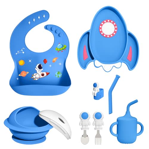 8 PCS Silicone Baby Feeding Set, Astronaut Theme, Spoons, Fork, Silicone Bibs, Baby Sippy Cups, Plate Bowl Set Baby Eating Essentials Led Weaning Toddler (Blue)