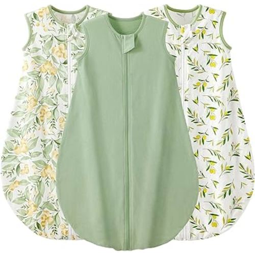 Duomiaomiao 3 Pack Baby Sleep Sack 100% Organic Cotton Lightweight Breathable Comfy Toddler Sleeping Sack (0.5tog Green Leaves, Medium)
