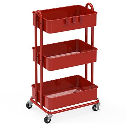 Simple Houseware 3-Tier Heavy Duty Metal Utility Rolling Cart, Red