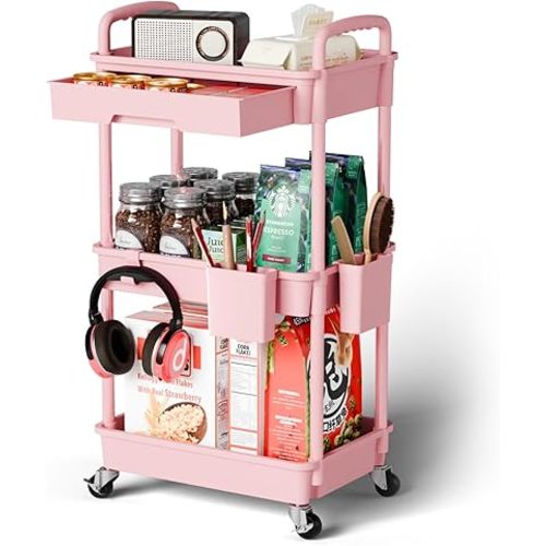 3 Tier Rolling Cart Organizer,Laundry Room Bathroom Organizers and Storage Office Shelves Mobile Shelving Unit Kitchen Trolley Cart with Wheels for Art,Craft,Diaper,Bedside,Snack(Pink)