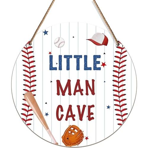Little Man Cave Wooden Sign Space Decor, Baseball Lover Wood Hanging Wall Art Decor, Nursery Boys Kids Playroom Classroom Decor