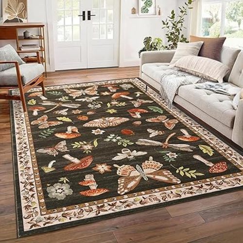 Mushroom Washable Rug 5x7 Area Rugs for Living Room, Insect Print Rug for Bedroom, Non Slip Throw Rugs with Rubber Back, Soft Low Pile Dining Room Rug for Under Table, Brown