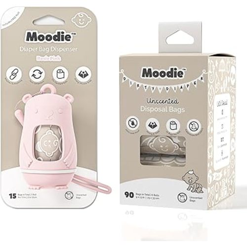 Moodie Teddy Bear Diaper Bag Dispenser w/Silicon Strap (ROSIE PINK) & 6 Refill Roll PACK (UNSCENTED - 105 Bags TOTAL) | Diaper Bag Essential Items