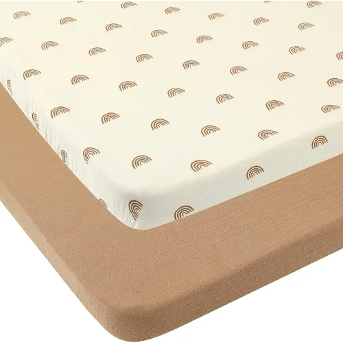 Muslin Pack n Play Sheets Soft Breathable 100% Cotton Mini Crib Fitted Sheets Portable/Convertible Playard Mattress Cover 2 Pack for Baby Boy and Girl, Natural and Rainbow
