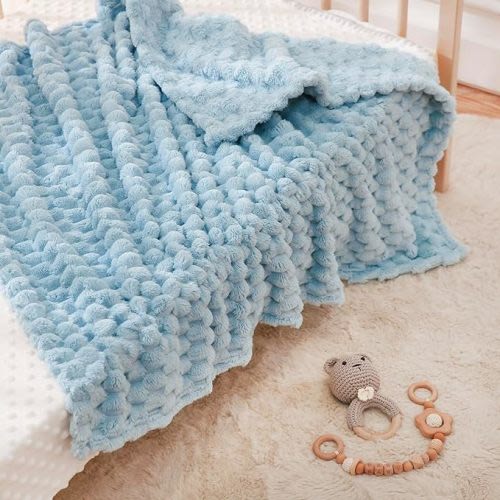 HOMRITAR Baby Blanket for Boys or Girls 3D Jacquard Fluffy Fuzzy Blanket for Infant, Soft Warm Cozy Flannel Fleece Warm Blanket Nursery, Stroller Toddler Bedding (30 x 40 Inch, Blue)