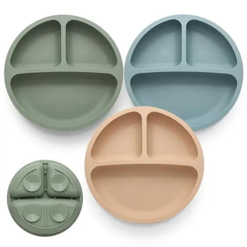 Toddler Plates 3 Pack, Divided Suction Plates for Baby, 100% Food Grade Silicone Baby Plates, Non-Slip, Baby Led Weaning Supplies, Microwave & Dishwasher Safe