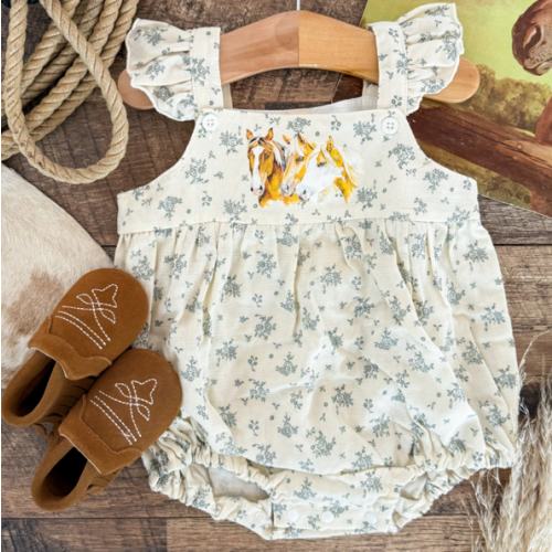 Three is a Charm Horse Blue Floral Romper