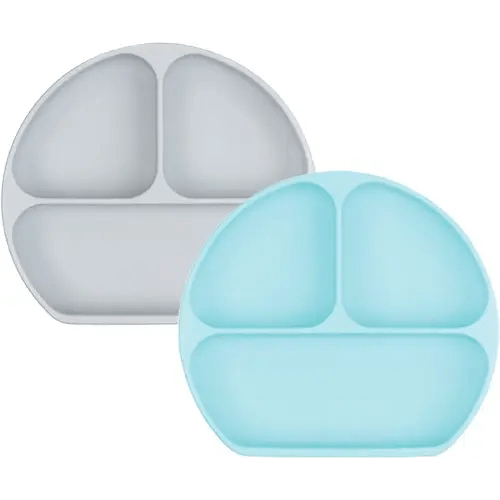 Bumkins Toddler and Baby Suction Plate, Silicone Divided Grip Dish for Babies and Kids, Baby Led Weaning, Children Feeding Supplies, Non Skid Bottom, Platinum Silicone, 6 Months Up, Gray and Blue