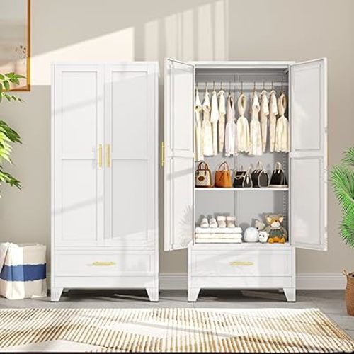 Metal Armoire Wardrobe Closet with Drawers,Storage Cabinet with Hanging Rod,71'' Metal Wardrobe Cabinet with 2 Doors and Adjustable Shelves for Bedroom, Laundry Room, Cloak Room