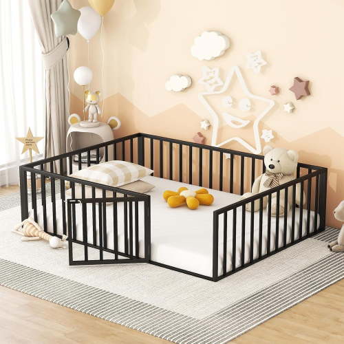 DreamBuck Queen Floor Bed Frame for Kids, Metal Montessori Floor Bed with Rails and Door, Queen Size Bed Frame with Fence-Shaped Guardrails, Modern Queen Floor Beds for Boys, Girls, Easy Assembly