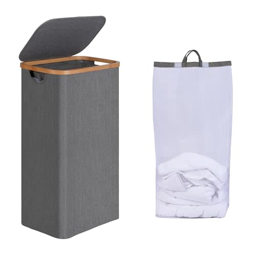 efluky Slim Laundry Basket with Lid, Narrow Laundry Hamper with Removable Bag, Skinny Dirty Clothes Basket with Bamboo Handles for Bathroom, Bedroom & Laundry Room, 75L Grey