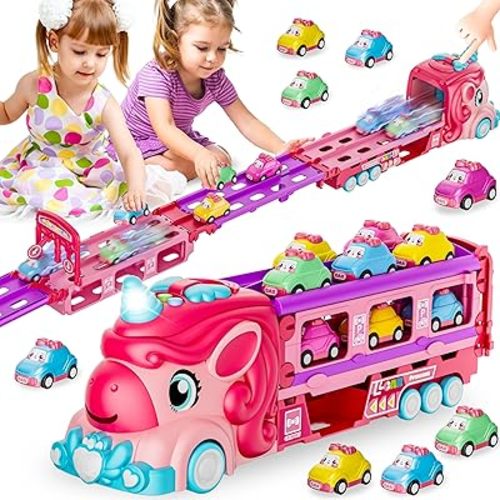 Unicorn Car Toys for 2 3 4 5 6 7 Year Old Toddler Girls,Princess Carrier Truck with Sound & Lights,2 Player Race Mode Foldable Track Pink Car Toys,Birthday Gift Idea for Kids
