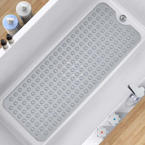 Bathtub Mat Non Slip, Extra Long Bath Mat for Tub with Big Suction Cups and Drain Holes, Machine Washable Tub Shower Mats Gray