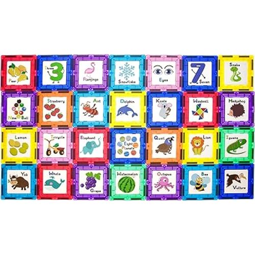 PicassoTiles Magnetic Building Blocks with Tiles and Educational Artwork Graphic Click-in Inserts Magnet Construction Toy Set STEM Learning Kit Playset Child Brain Development PT56