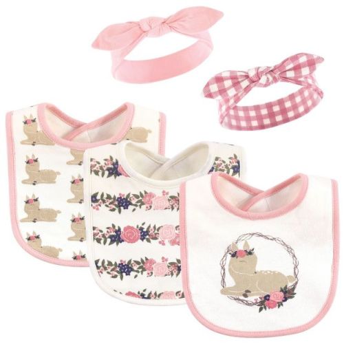 Hudson Baby Infant Girl Cotton Bib And Headband Set 5pk, Fawn, One Size