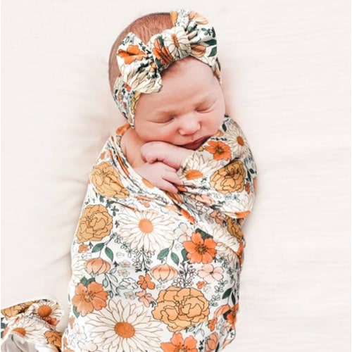 Konssy Baby Girl Newborn Receiving Blanket with Headband Set Baby Swaddle Nursery Swaddle Wrap