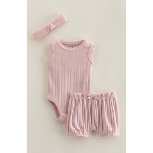 Pointelle Bodysuit, Shorts & Headband Set