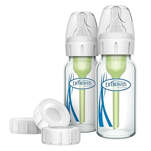 Dr. Brown's Natural Flow Anti-Colic Options+ Narrow Glass Baby Bottle 4 oz/120 mL & Travel and Storage Baby Bottle Caps for Natural Flow and Options+ Baby Bottles - 3-Pack