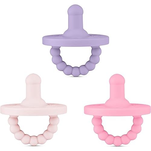 Ryan & Rose Cutie PAT All-in-One Pacifier and Teether Massaging Teething Ring and Hideaway Binky for Growing Babies (Bliss (3 Pack), Stage 1)