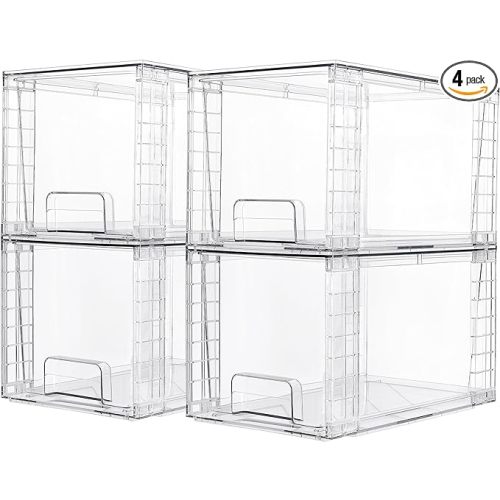 Vtopmart 4 Pack Large Stackable Storage Drawers,Easily Assemble Acrylic Bathroom Closet Undersink Organizers and Storage,Plastic Bins for Kitchen Cabinets,Pantry,Makeup,Medicine Organization