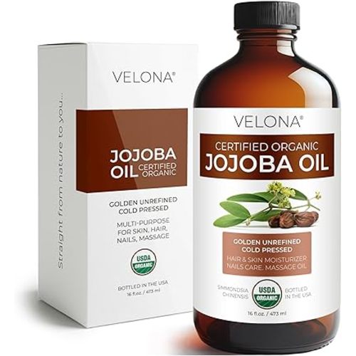 velona USDA Certified Organic Jojoba Oil - 16 oz in Glass Bottle | 100% Pure and Natural | Golden, Unrefined, Cold Pressed, Hexane Free