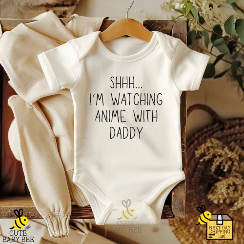 Shhh I'm Watching Anime With Daddy Bodysuit, Funny Anime Baby Onesie®,Cute Anime Family Outfit, Anime Dady Bodysuit