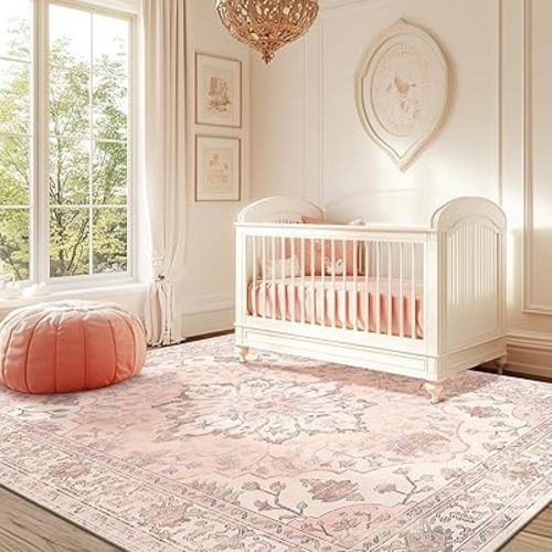 Area Rugs 5'x7' Washable Non-Slip, Floral Vintage Distress Print Pattern Medallion Carpet for Living Room Bedroom Dining Room, Pink Greypink Cute