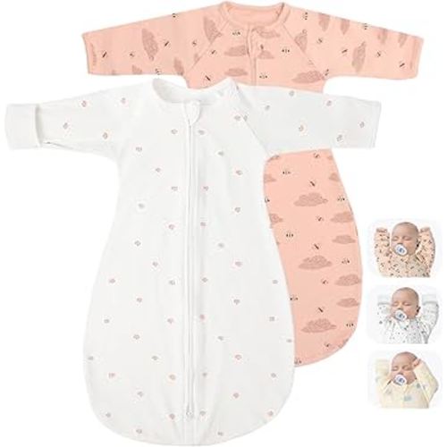 2 Pack Transitional Swaddle Sack with Arms Up Length Sleeves & Mitten Cuffs, Sleeping Sack Bag 2 Ways Zipper, Wearable Swaddling Blanket for Newborns Baby Snug Fit Calms Startle Reflex