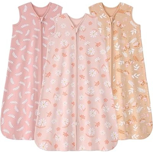 Baby Sleep Sack 6-12 months, 100% Cotton Sleeping Sack for Newborn and Infant, 3 Pack Baby Wearable Blanket for Boy and Girl, 0.5 Tog Lightweight Double Zipper Sleep Bag Pink Orange Flower