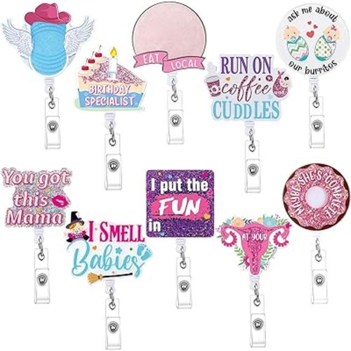 Riceshoot 10 Pcs Funny Labor and Delivery Nurse Badge Reels Cute Glitter Nicu Obstetrics Retractable Badge Reel Holder with Alligator Clip Gift for Rn Teacher Doctor(Classic)