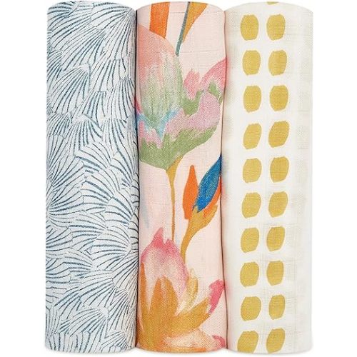 aden + anais Silky Soft Swaddle Blanket | 100% Bamboo Viscose Muslin Blankets for Girls & Boys | Baby Receiving Swaddles | Ideal Newborn & Infant Swaddling Set | 3 Pack, Marine Gardens