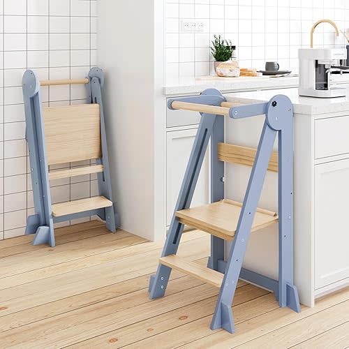 Foldable Kitchen Tower, Height Adjustable Standing Tower for Toddlers Learning New Skills, Wooden Kids Kitchen Stool Helper with Safety Rails- Ages 18 Months to 6 Years-Grey
