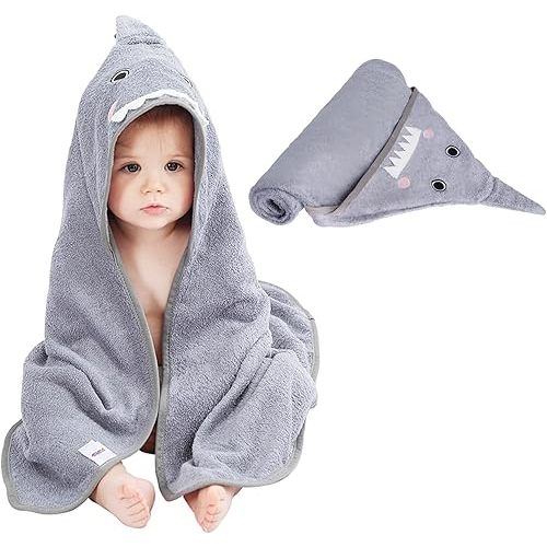 Baby Hooded Bath Towel for Newborns Infants and Toddlers Soft Absorbent Rayon Baby Hooded Towel with Cute Animal Hood Skin Friendly 30 x 30 Inches (Grey)