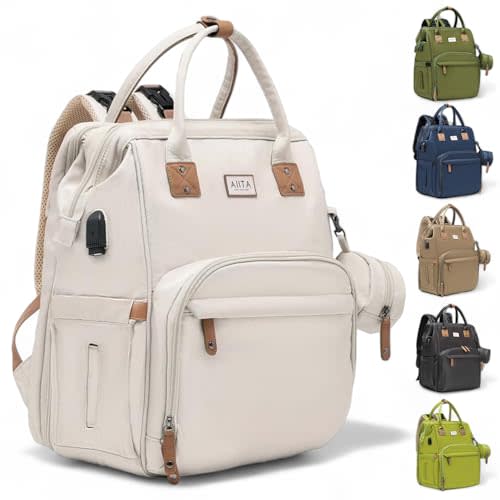 AIITA Diaper Bag Backpack, Multifunction Diaper Bag with Changing Station, Stylish Baby Bags, Large Unisex Diaper Backpack for Mom and Dad, Baby Registry Search, Portable Changing Pad – White Beige