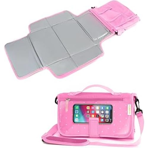 Usakinon® Premium Portable Diaper Changing Pad – CPC Certified Safe, Touchscreen-Friendly Pocket, Hook and Loop Closure, Travel Diaper Clutch & Waterproof Changing Station, Newborn Essentials (Pink)